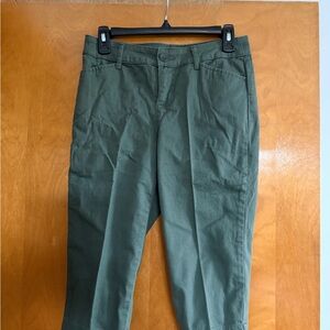 Two pair size 4 petite Capri pants. One floral denim material one green.